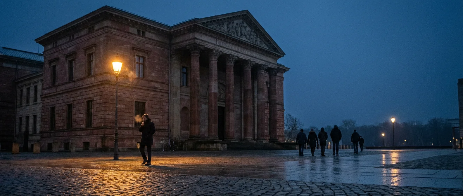 Abendliche Szene vor einem Landtagsgebäude, Menschen in Mänteln verlassen das Gebäude im Licht einer Straßenlaterne